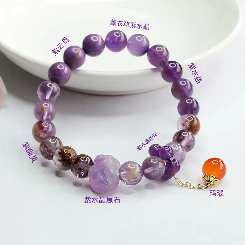 Natural nine purple fire Duobao crystal bracelet in Mori style with amethyst and red agate stones.