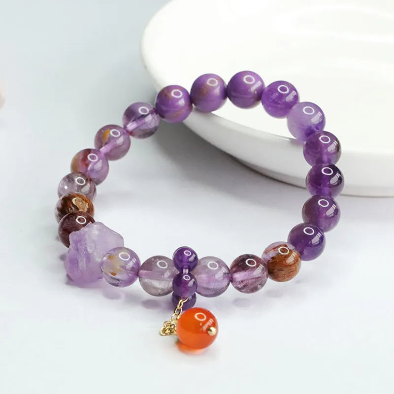 Natural nine purple fire Duobao crystal bracelet in Mori style with amethyst and red agate stones.