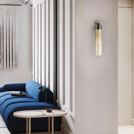 Nordic postmodern minimalist glass wall lamp with E27 holder in blue, amber, or smoke grey.