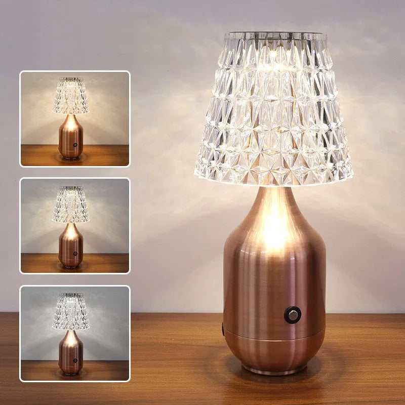 Retro LED charging table lamp with plated iron art holder, available in black, gold, or red bronze with three-tone light