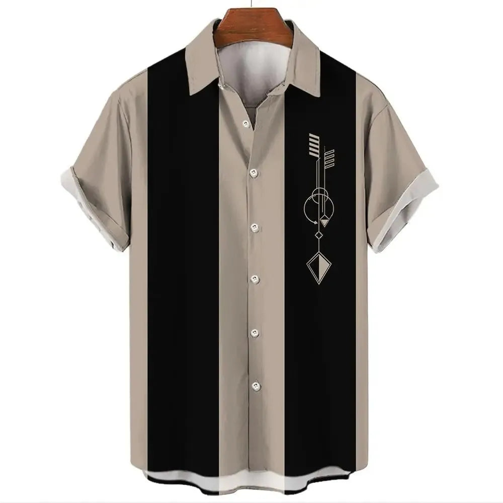 Men's striped Hawaiian casual button-down shirt with short sleeves in polyester fabric