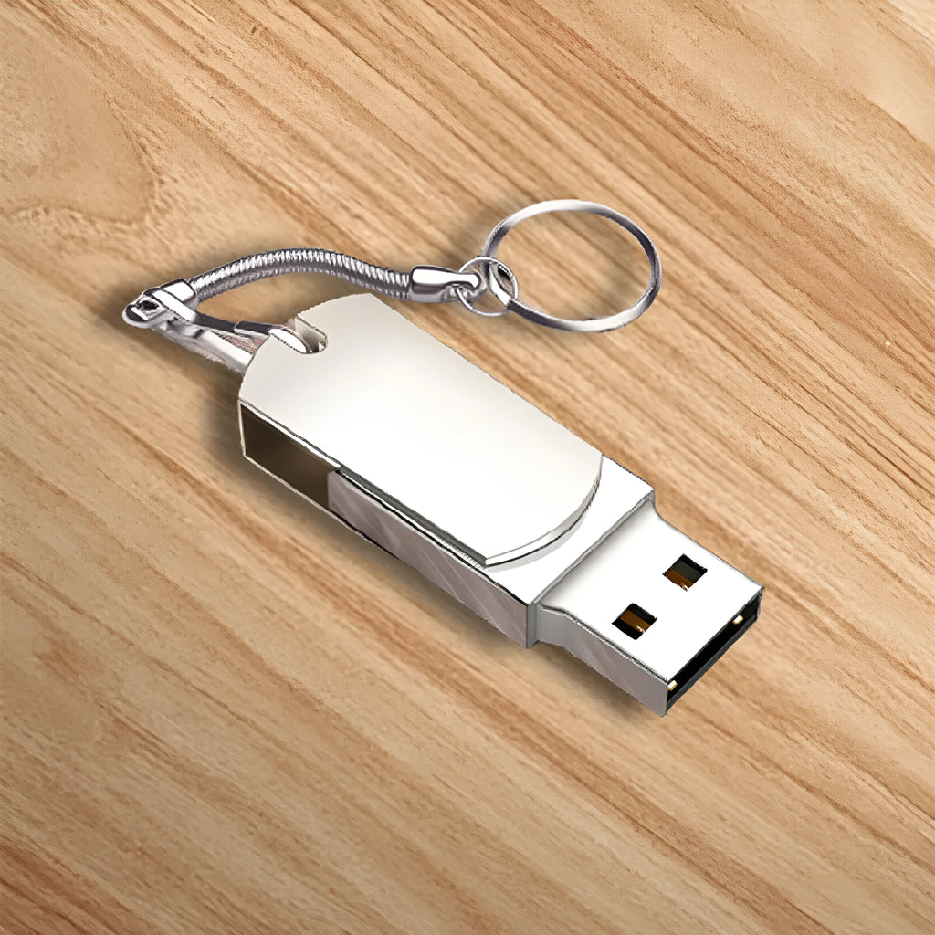 White metal rotation USB flash drive showing compact dimensions and swivel design