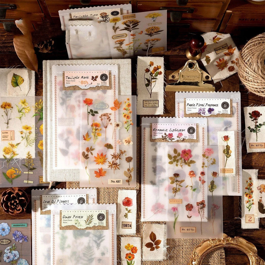 Huazhisen series sticker material pack showing forest-themed designs on cotton linen sheets with transfer paper backing