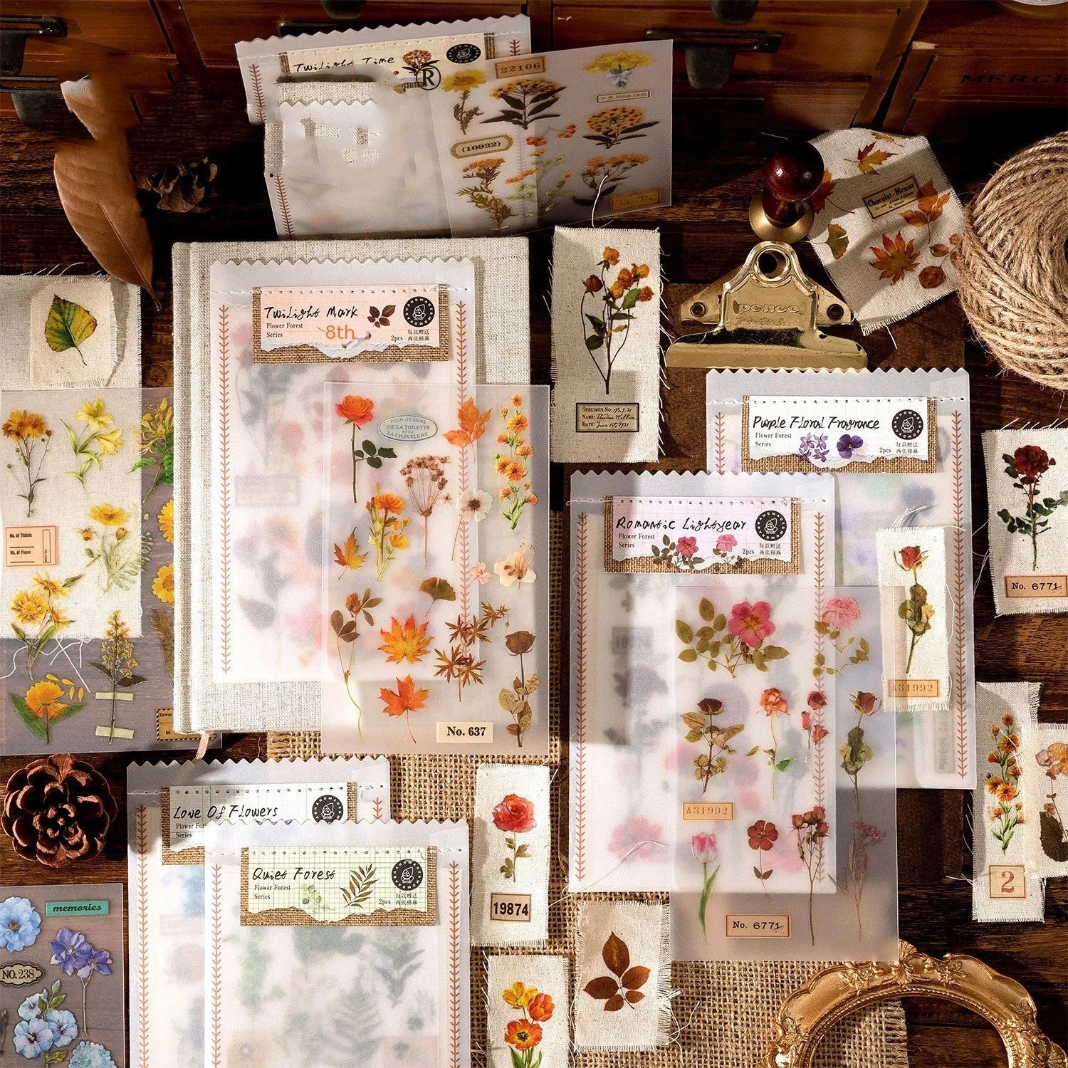 Huazhisen series sticker material pack showing forest-themed designs on cotton linen sheets with transfer paper backing