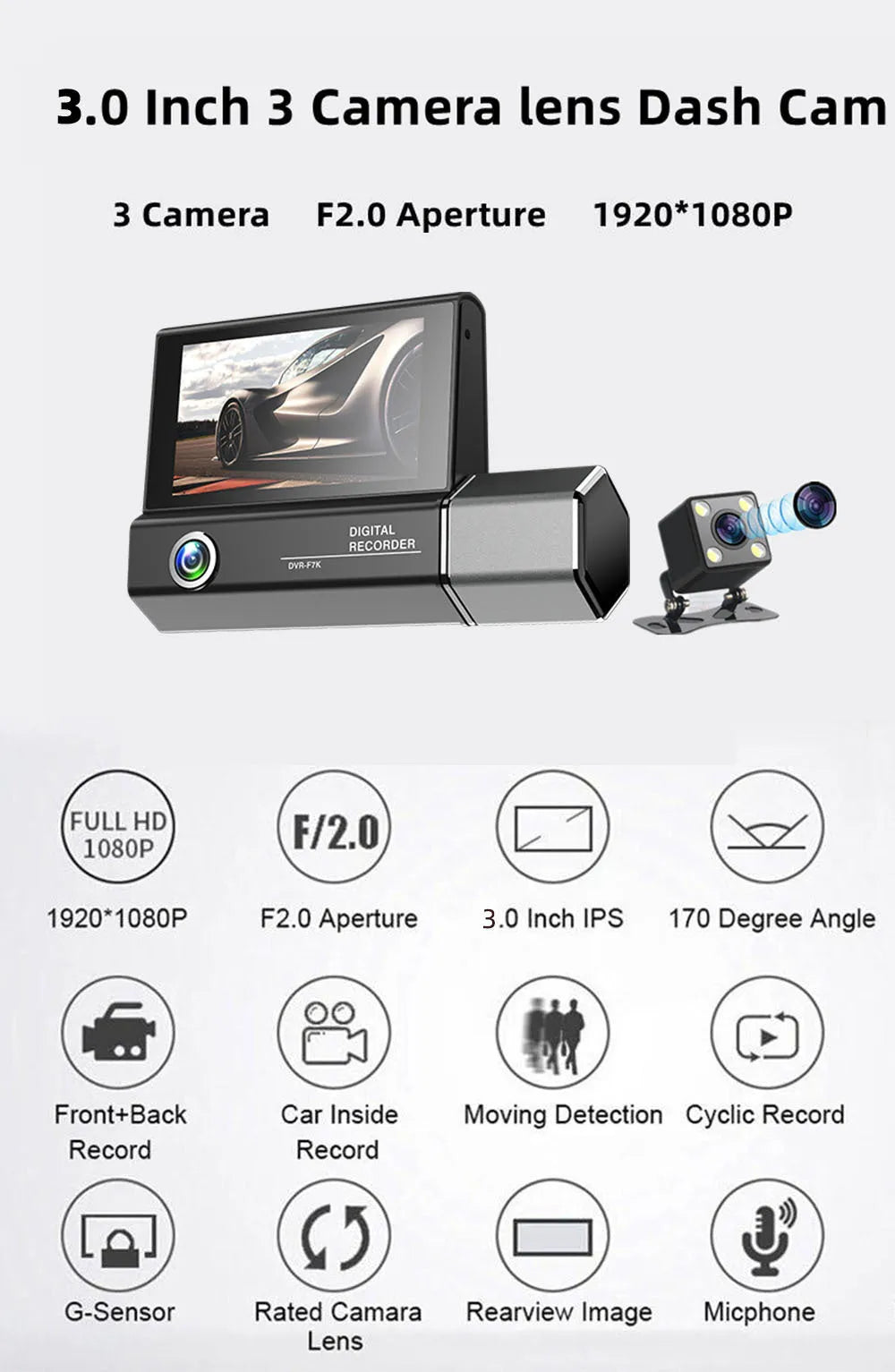 Black plastic 3-lens car dashcam with touch screen, suitable for vehicle recording
