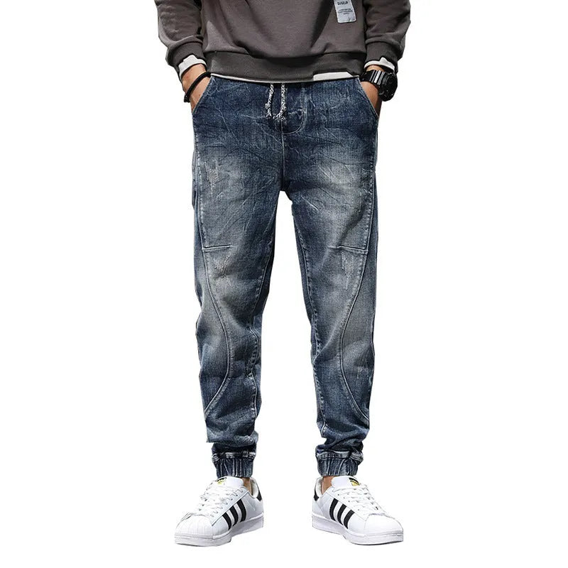 Men's plus size velvet stretch jeans in blue with slim fit and tether closure