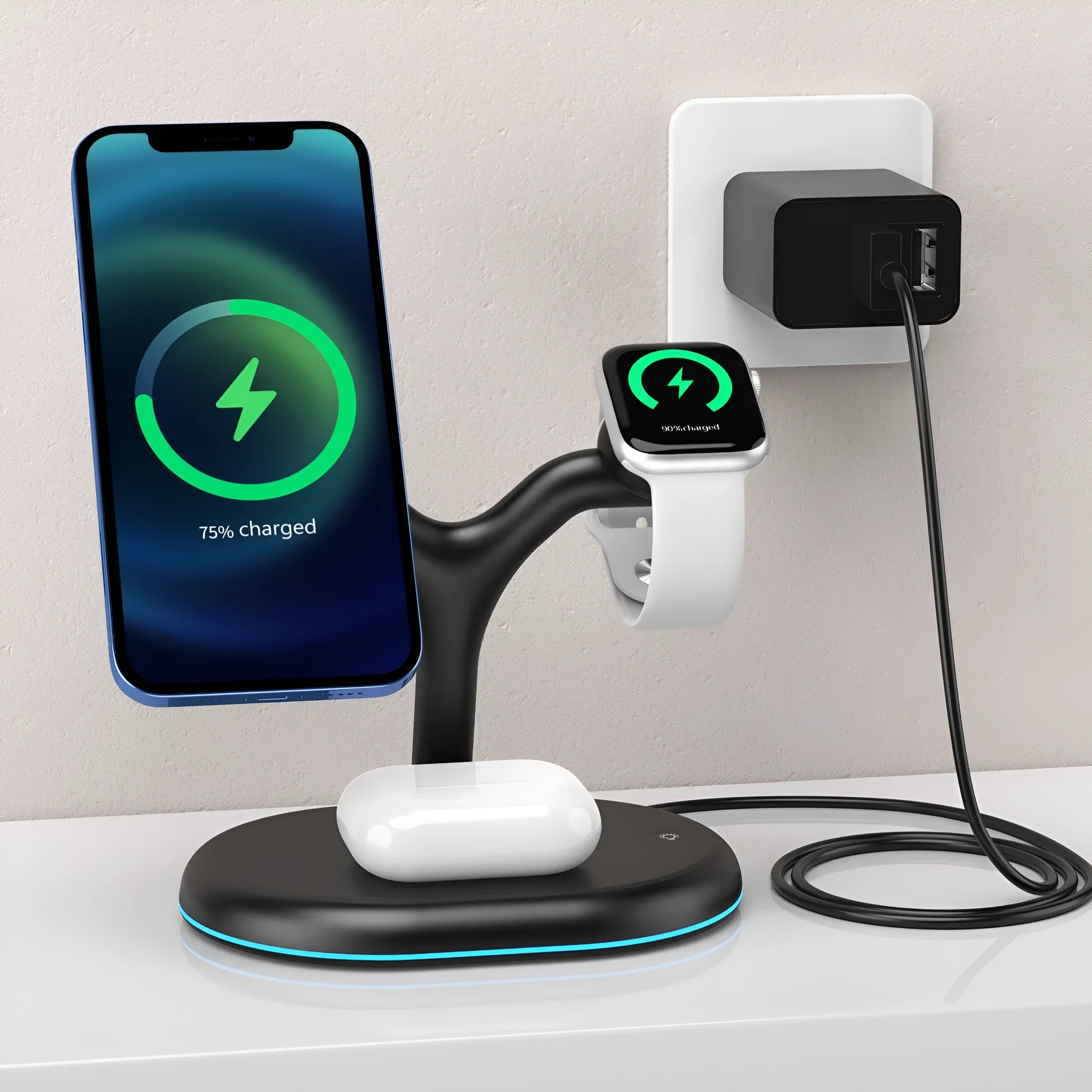 Black round wireless charging station with iPhone attached magnetically, Apple Watch on puck, and AirPods case on Qi spot.