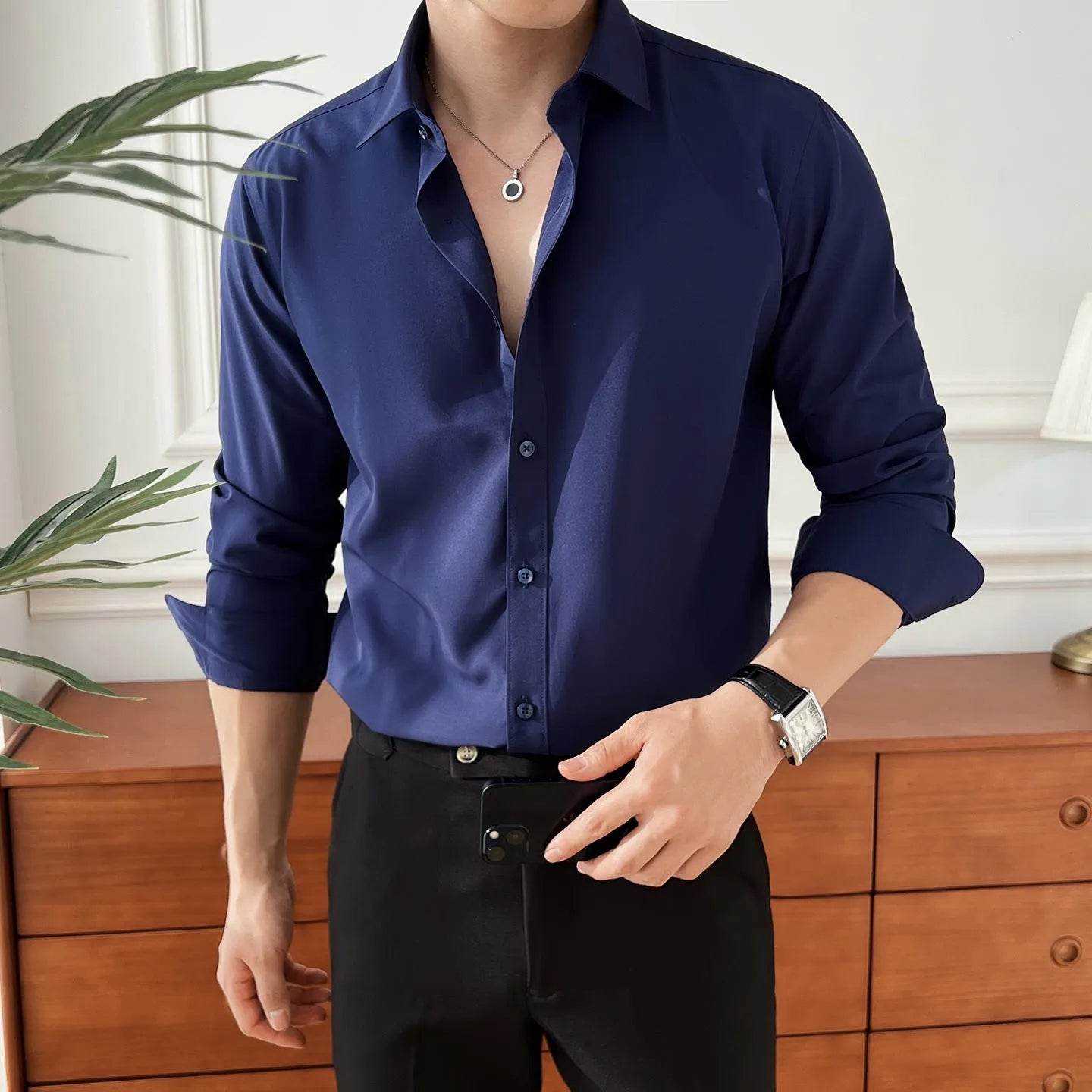 Seven-colour men's long-sleeved business shirt in polyester slim fit cardigan style for office commute