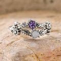 Silver zinc alloy flower ring with purple gemstone for women, available in sizes 6 to 10