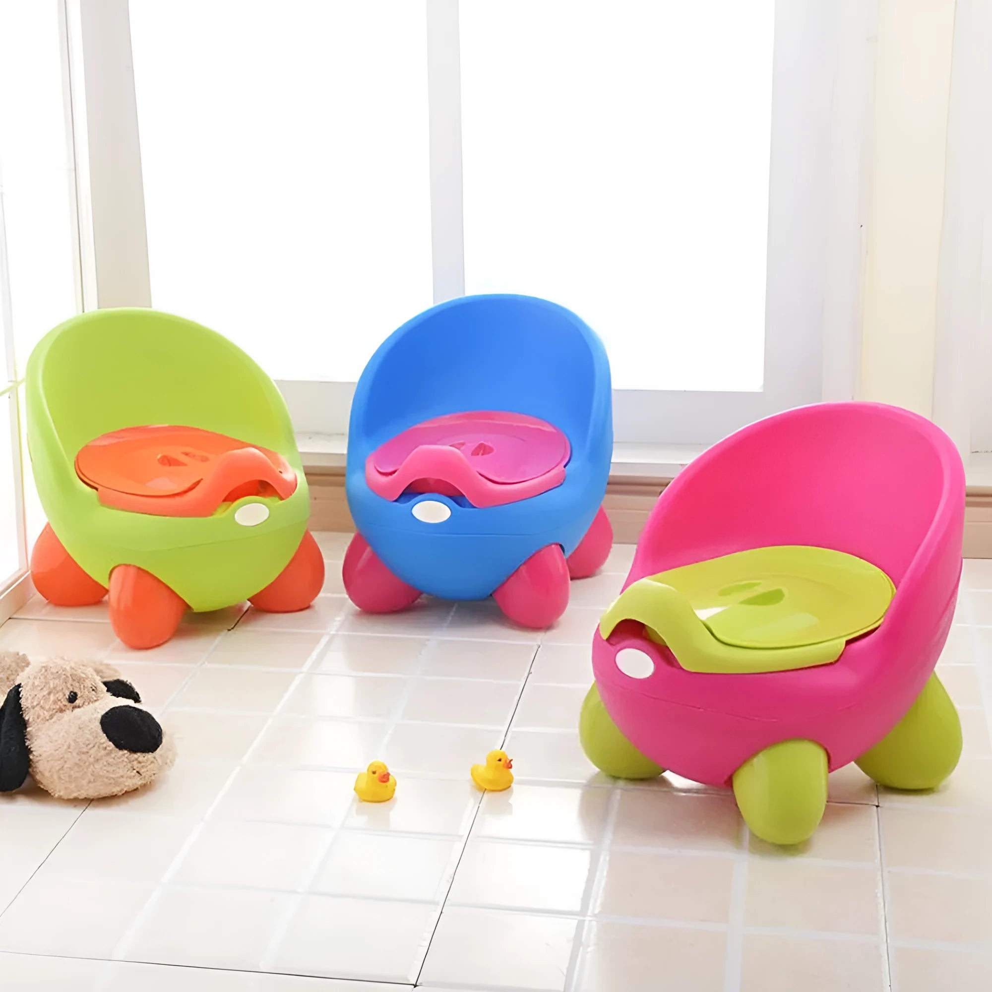 Dandan children's cartoon baby potty training toilet with splash guard in a choice of six colours.
