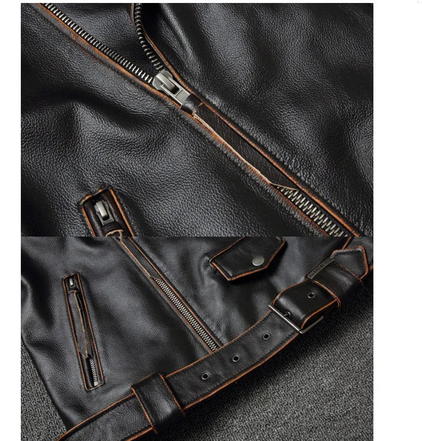 Harley's cowhide leather motorcycle jacket for men, black, short length, skinny fit, with lapel collar and zipper front
