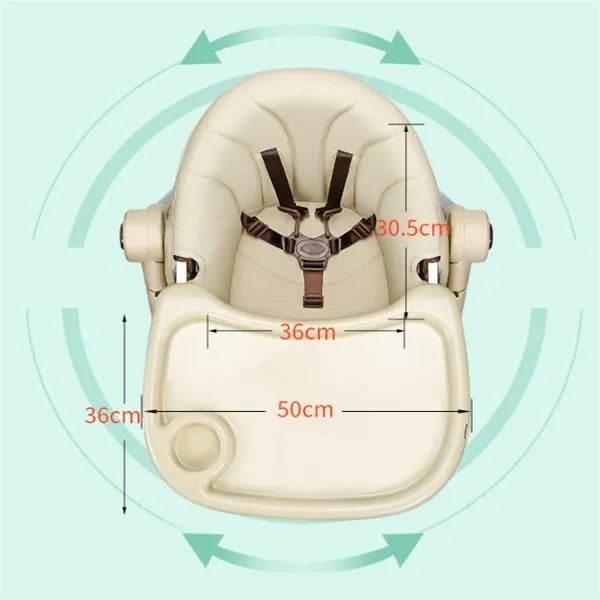 Baby chair for toddlers in blue, gold, green, or pink, made from eco-friendly plate with a stable, non-wheeled base.