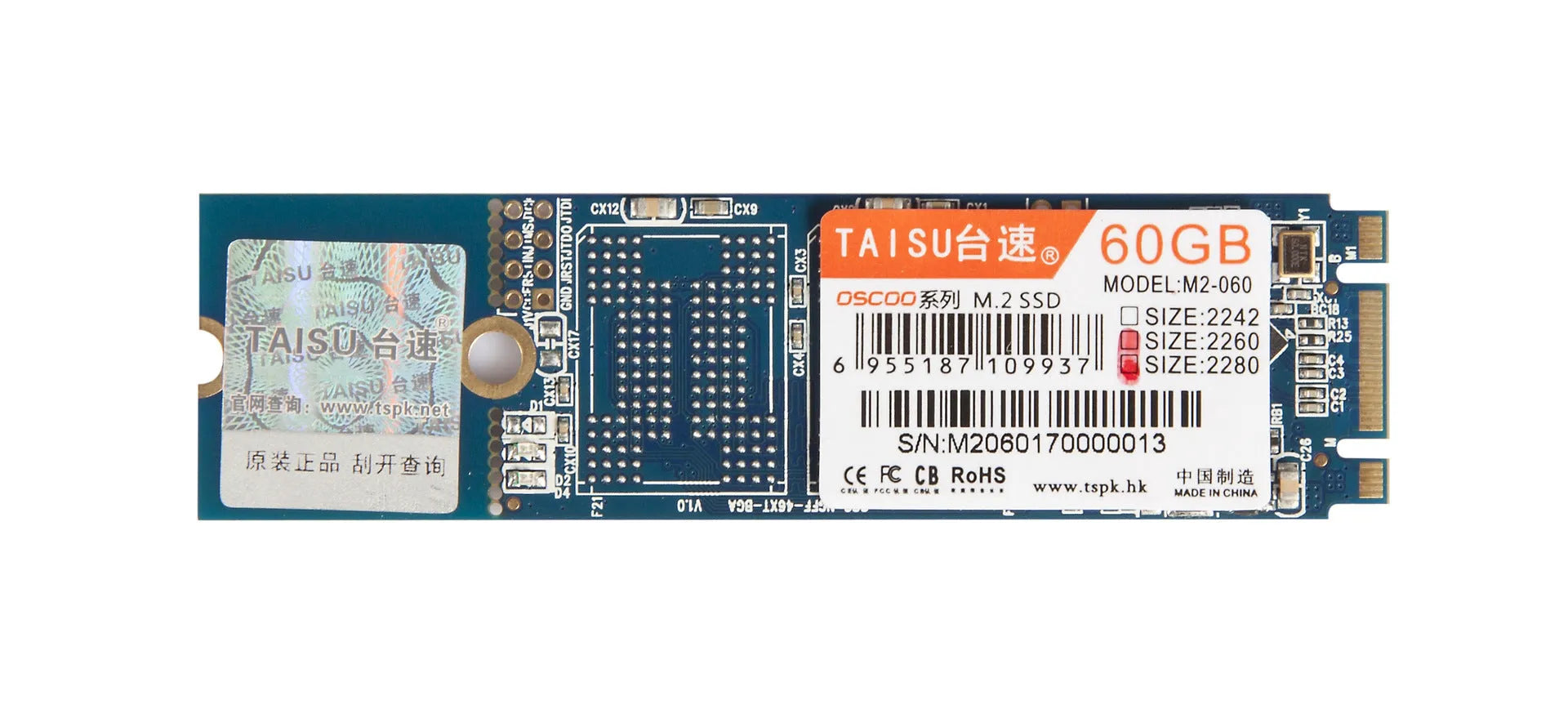 TAISU M.2 NGFF SSD in 2280 form factor with black PCB and label