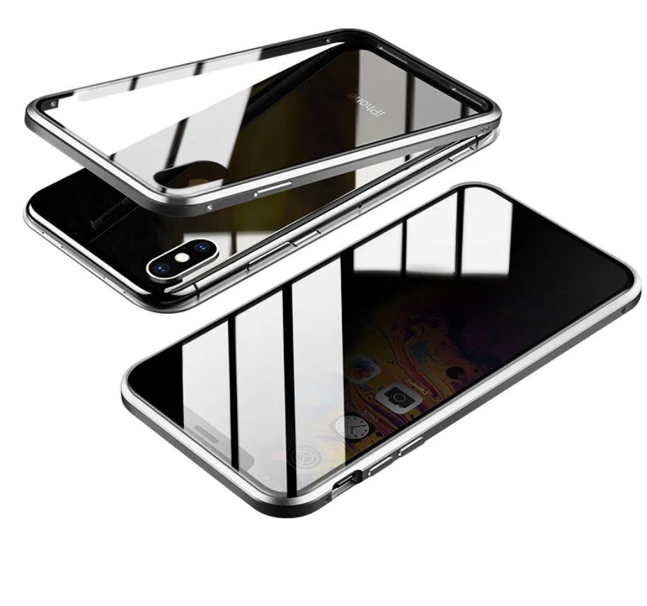 A black glass clamshell phone case for an iPhone with a geometric design and privacy screen.