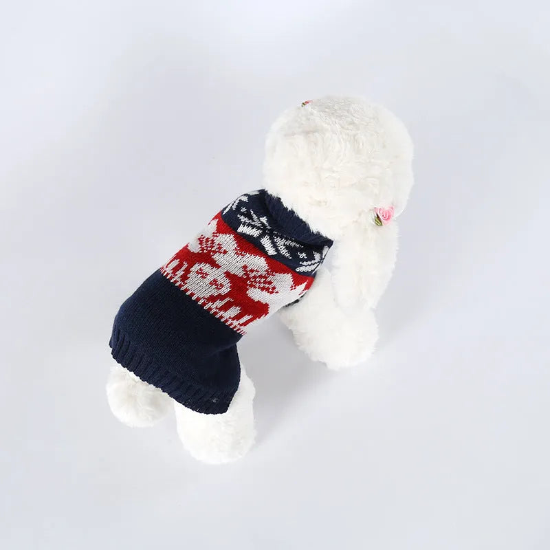 Navy blue knitted Christmas sweater for a dog, shown in a European American fitted style.