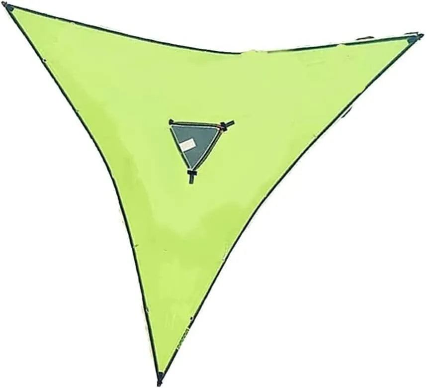 Green aerial multi-person triangle hammock made from nylon 210T, 400cm sides, hanging outdoors