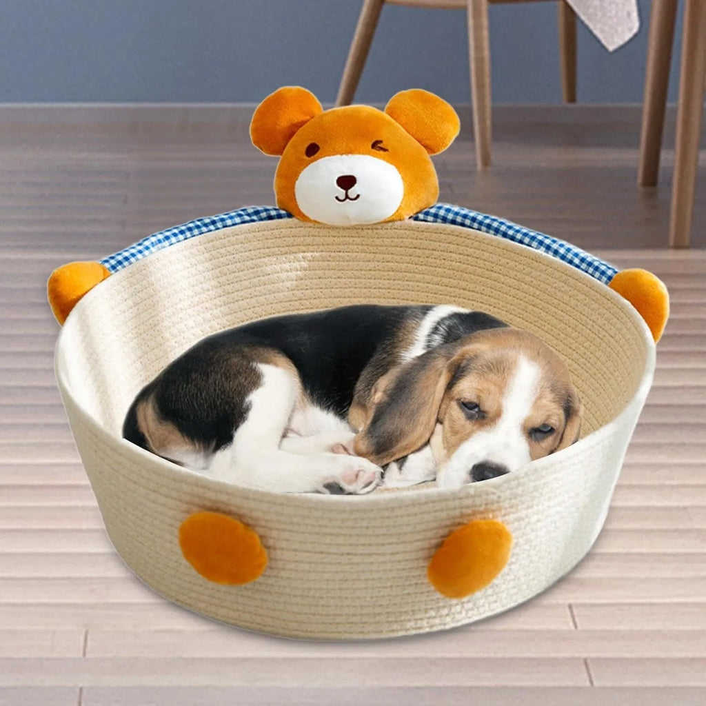 Woven cotton rope cat bed basket with scratching pad in Bear or Rabbit design