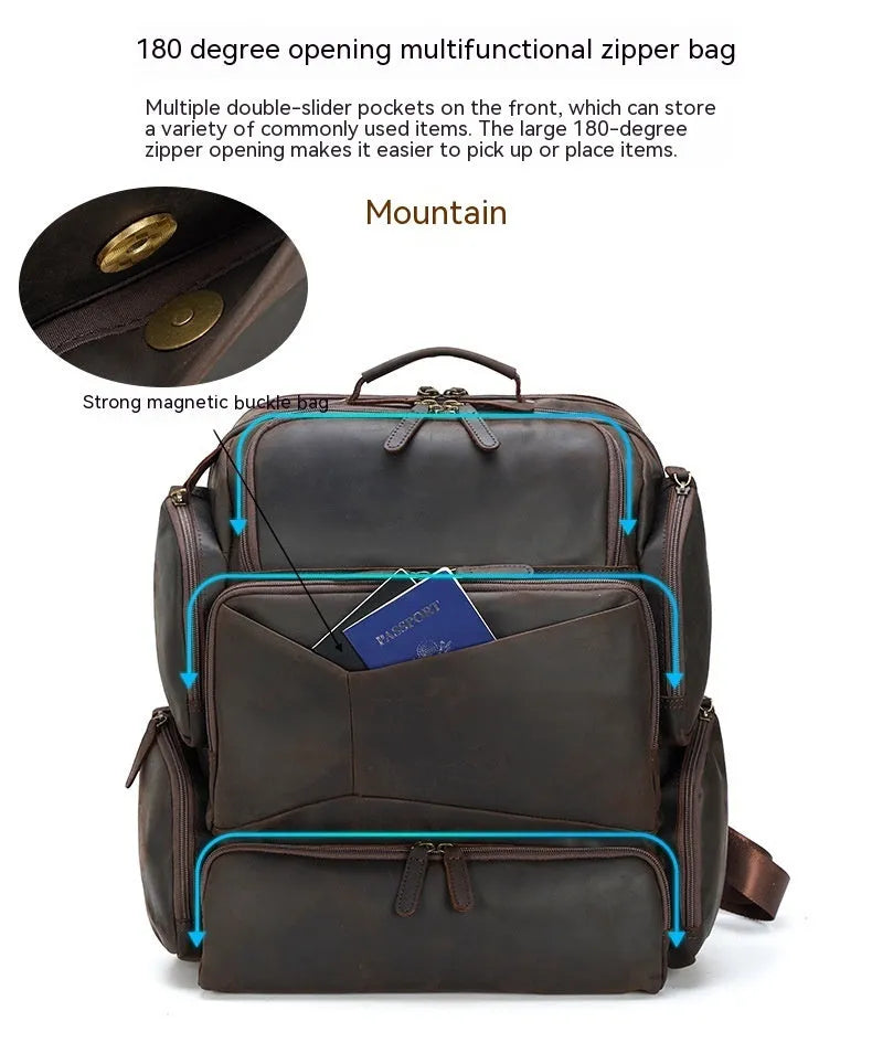 Dark brown genuine leather men's backpack open to show 17-inch laptop compartment and internal organiser pockets.
