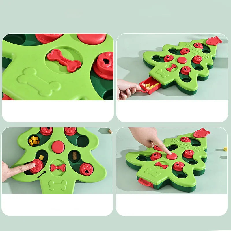 Green Christmas tree interactive dog puzzle slow food bowl with non-slip base on wood floor