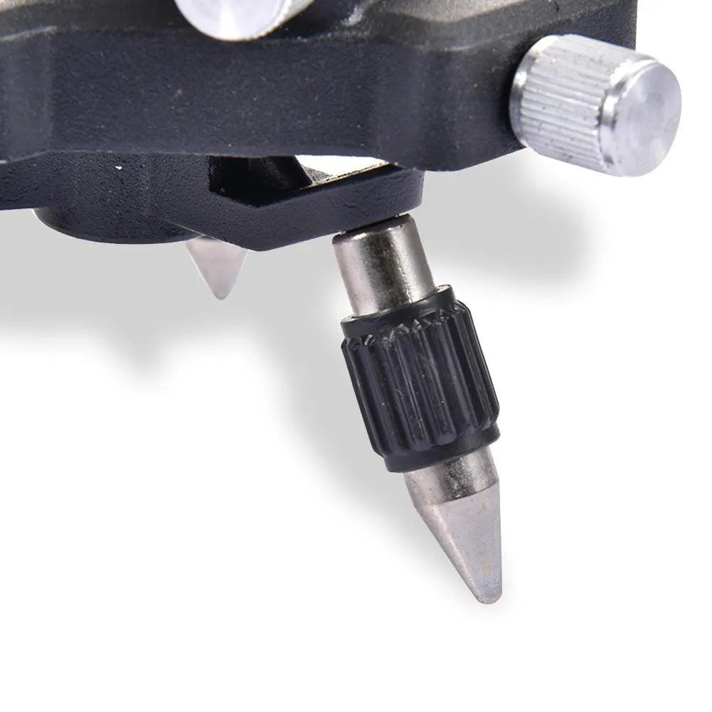 Black aluminium alloy base for a spirit level, showing 15cm by 12cm dimensions and mounting point.