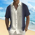 A man's loose-fitting printed cardigan shirt in a polyester fabric for casual wear.