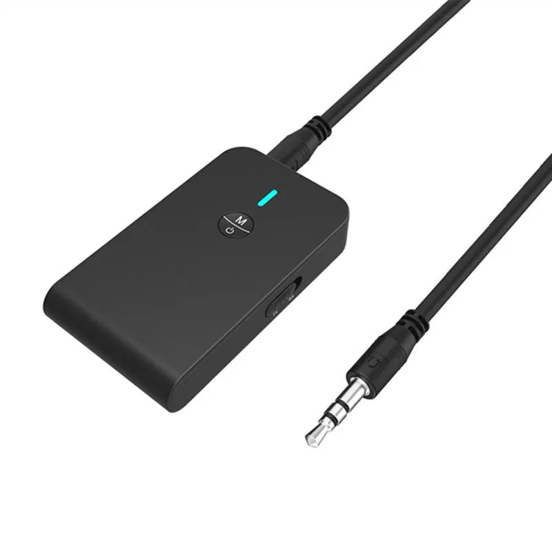 Black Bluetooth 5.0 audio adapter with 3.5mm plug and external power supply