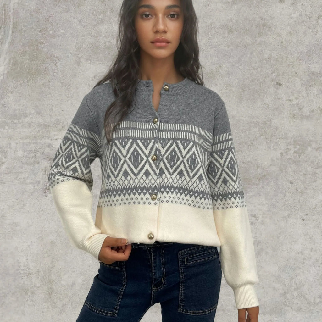 Grey women's alpaca wool cardigan with diamond knit pattern and contrast colour long sleeves.