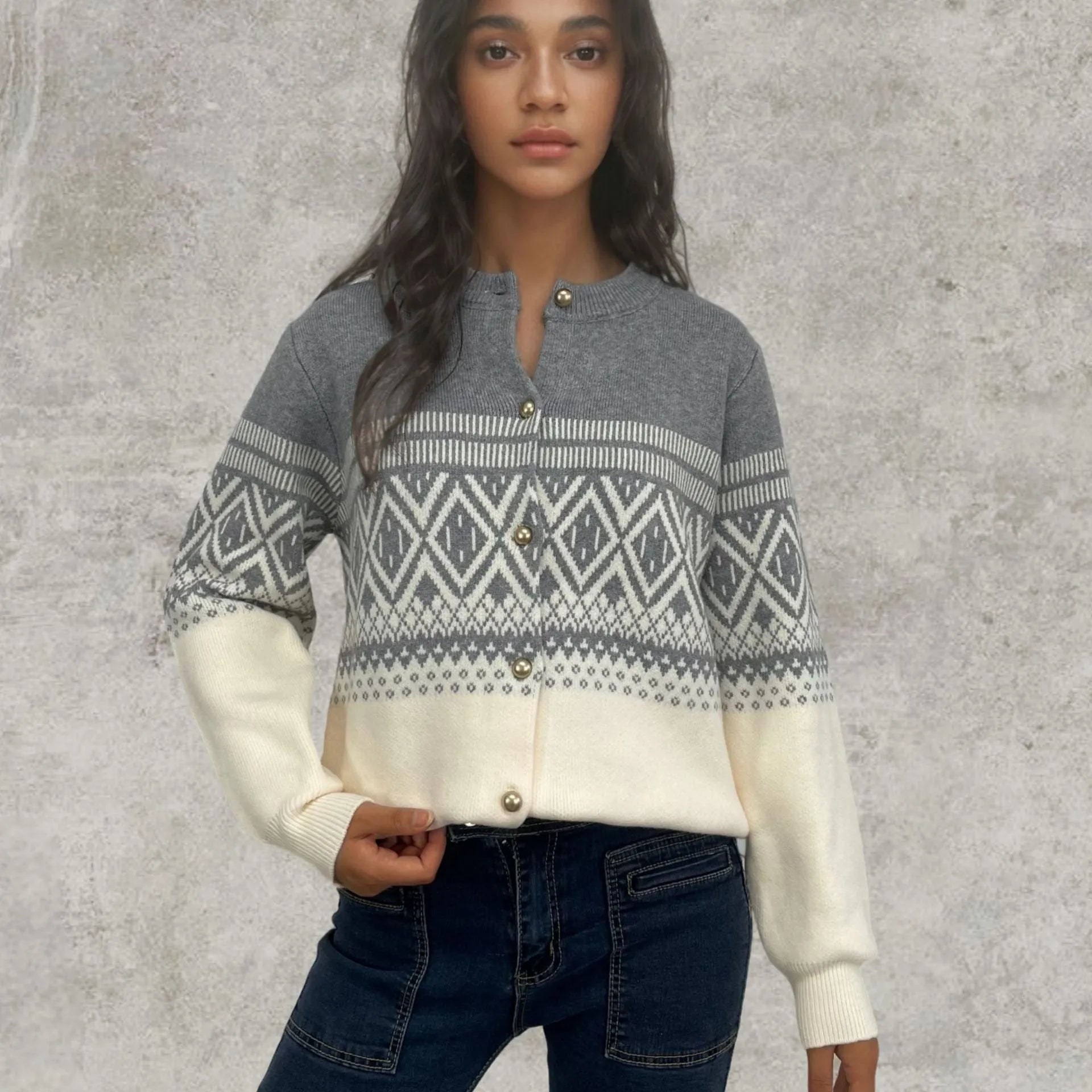 Grey women's alpaca wool cardigan with diamond knit pattern and contrast colour long sleeves.
