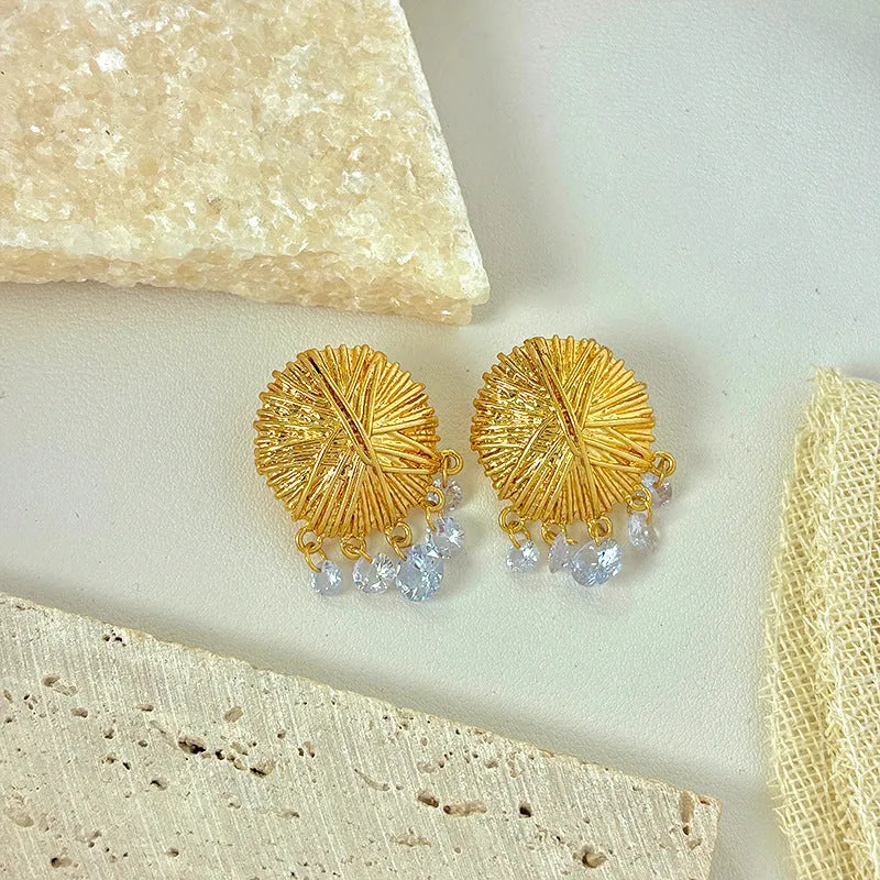 Gold geometric earrings with round elements for women, electroplated metal construction