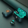 Black and blue in-ear Bluetooth headset with bilateral stereo earbuds