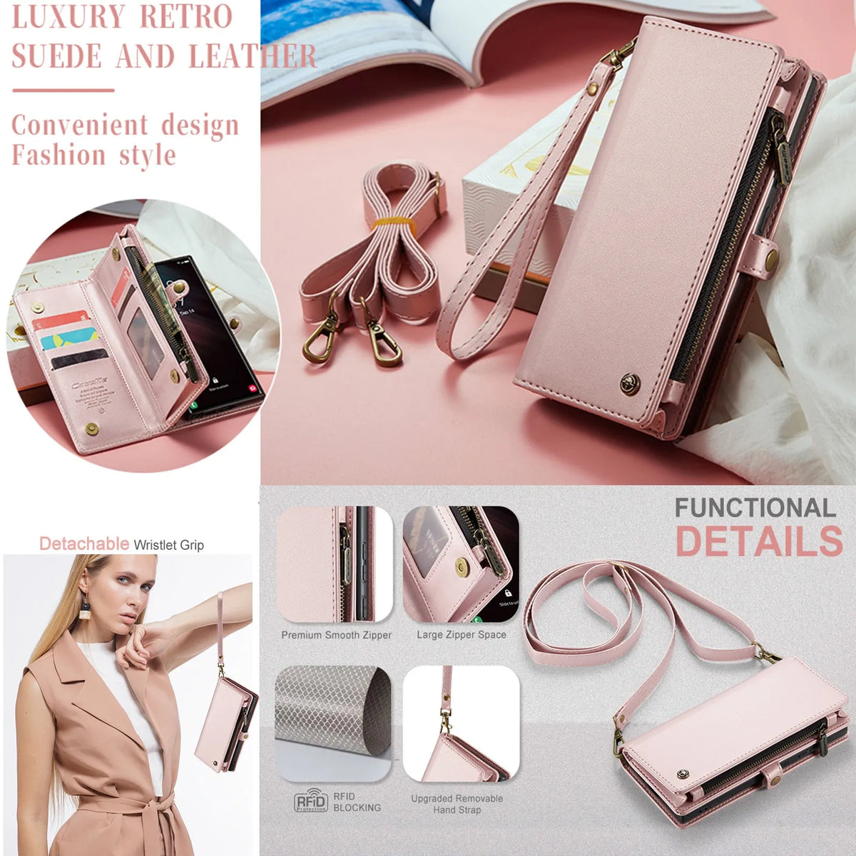 Wallet phone case with card slots, bracket, and lanyard in black, red, pink, purple, or peacock green