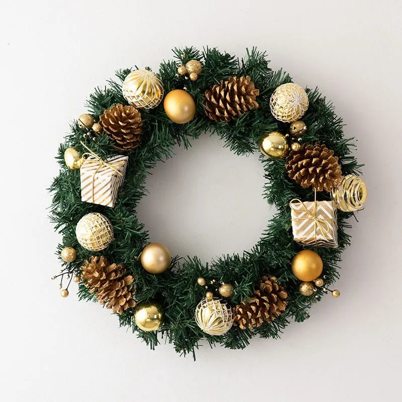 DIY rattan Christmas wreath ring door hanging decoration with red gift bag garland, PVC material, 25cm size