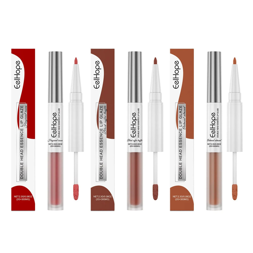 Double-headed lip liner and lip lacquer pen makeup product in matte finish.