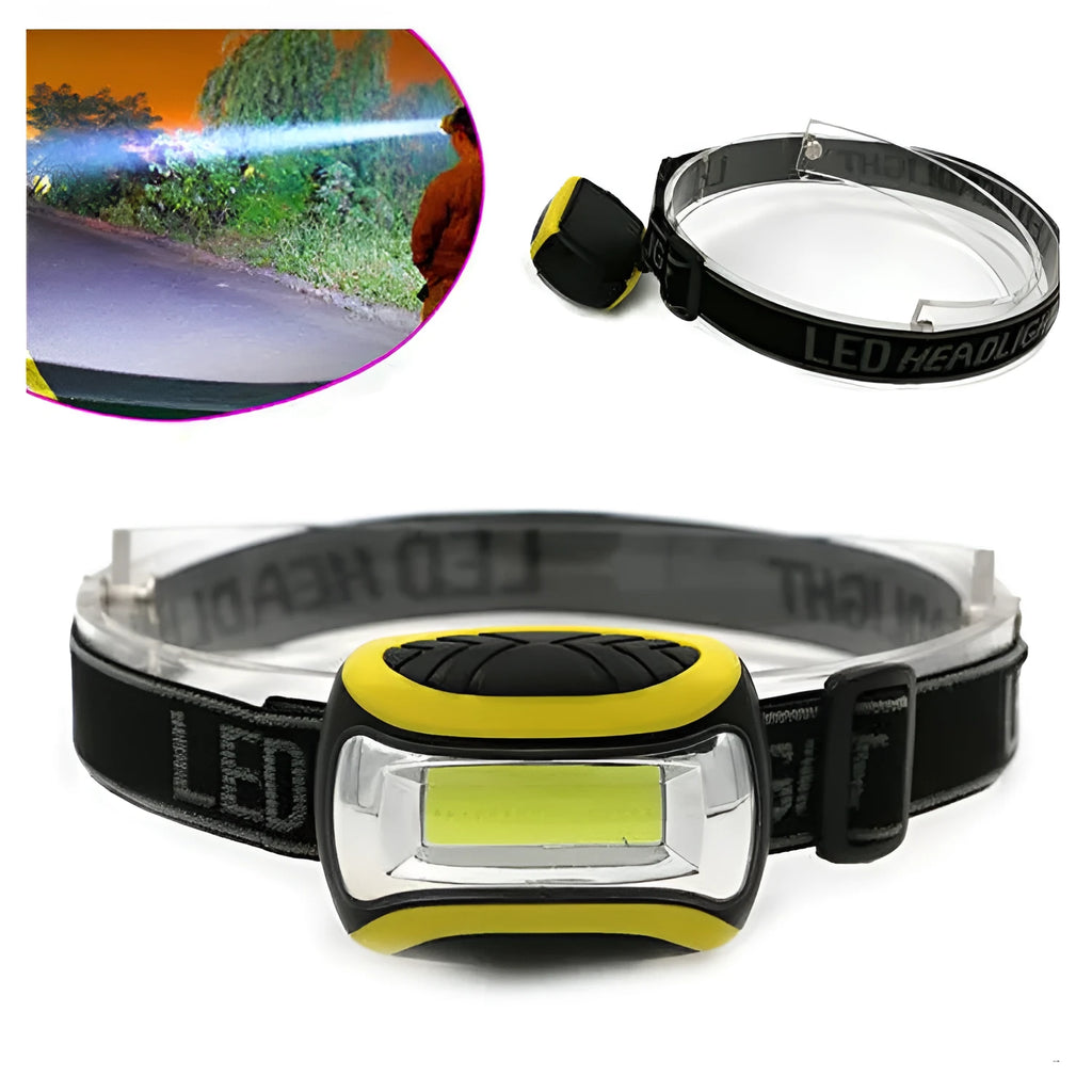 Yellow Major three-speed COB headlamp with adjustable headband for outdoor use.