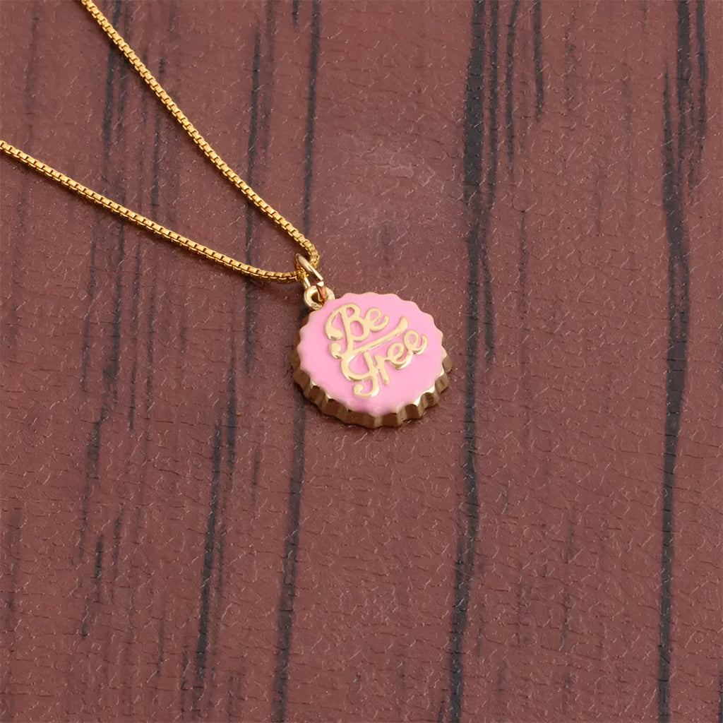 Gold plated copper bottle cap pendant necklace on a 40cm box chain.