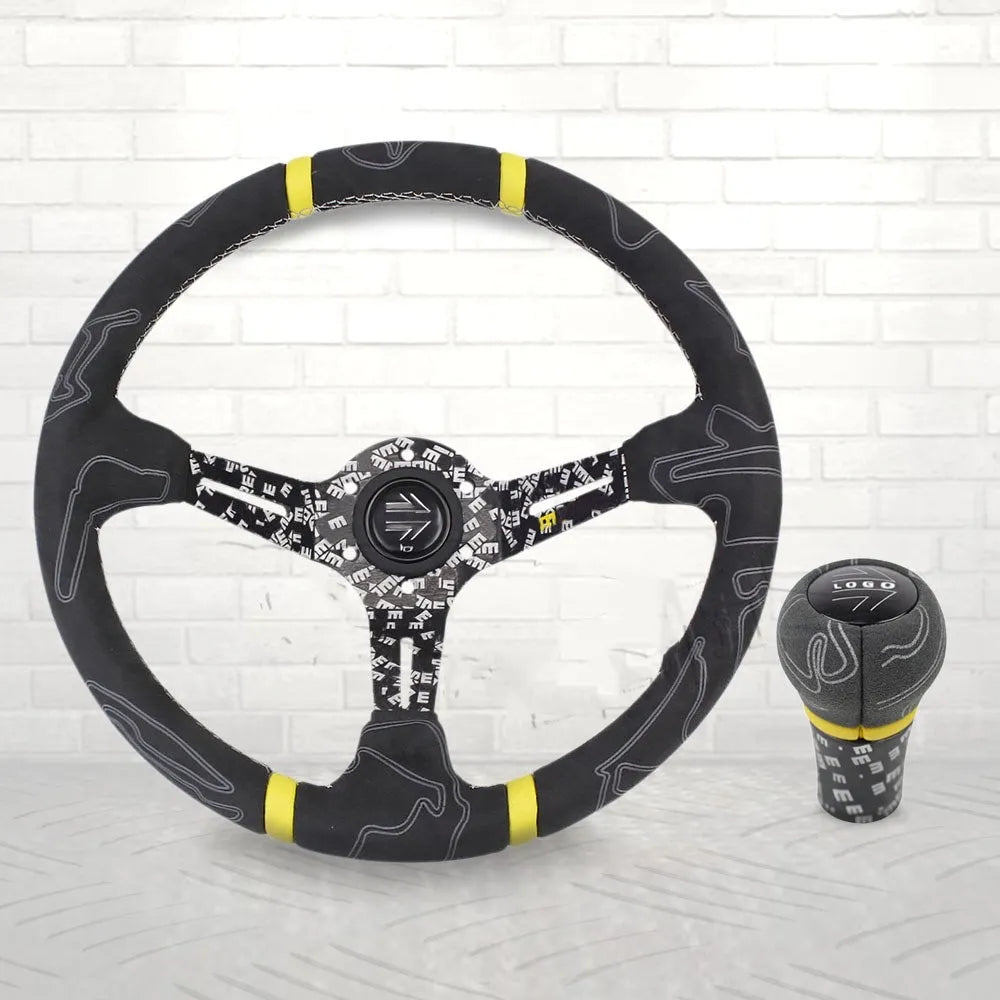 14-inch matte leather graffiti steering wheel with alloy frame, universal fit, black colour option