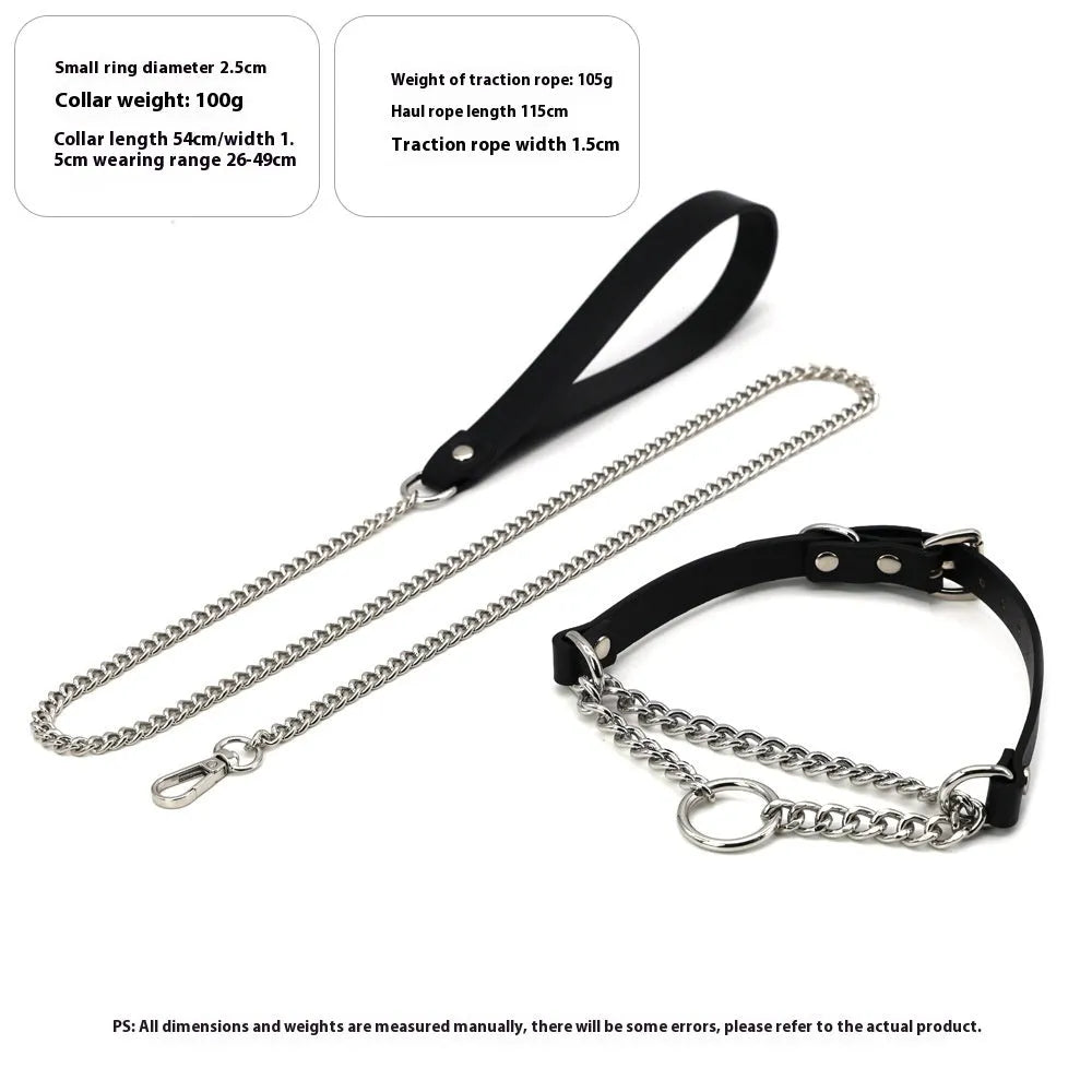Black leather collar and hand grip rope leash punk accessory set