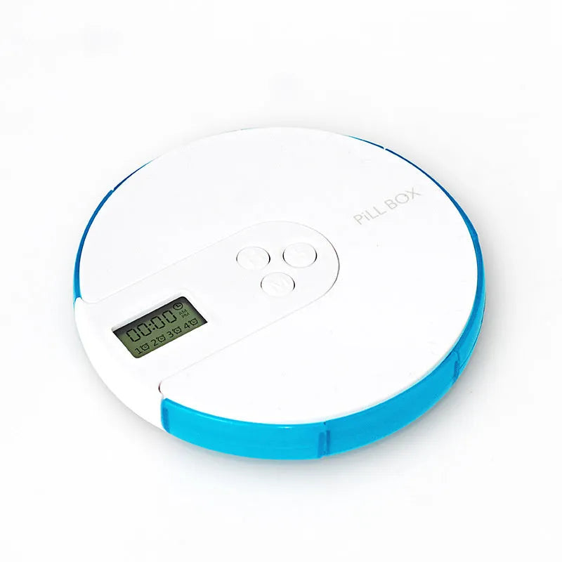 Blue seven-day electronic pill organiser with digital clock display and separate daily compartments.