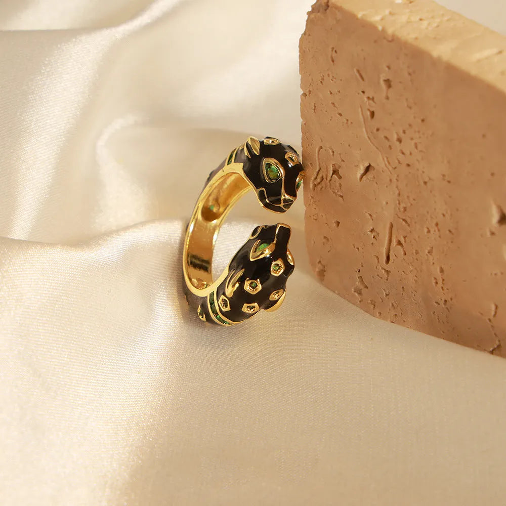 Black cheetah pattern geometric open ring for women, size 7 copper jewellery