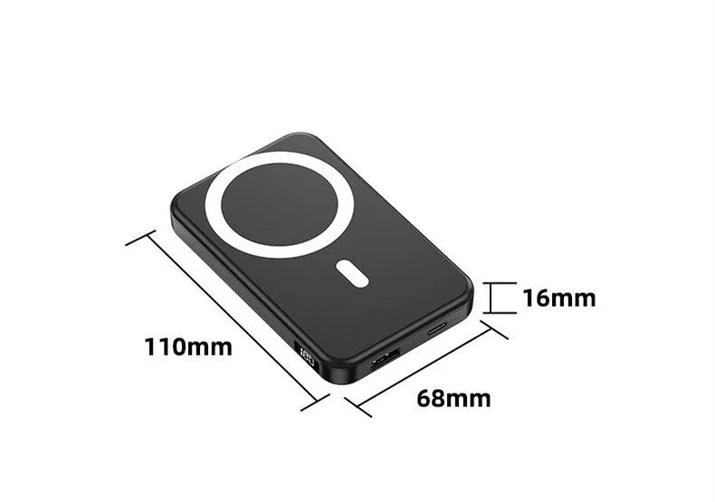 Ultra-thin 10000mAh power bank with magnetic wireless charging for iPhone in black, blue, and white colours