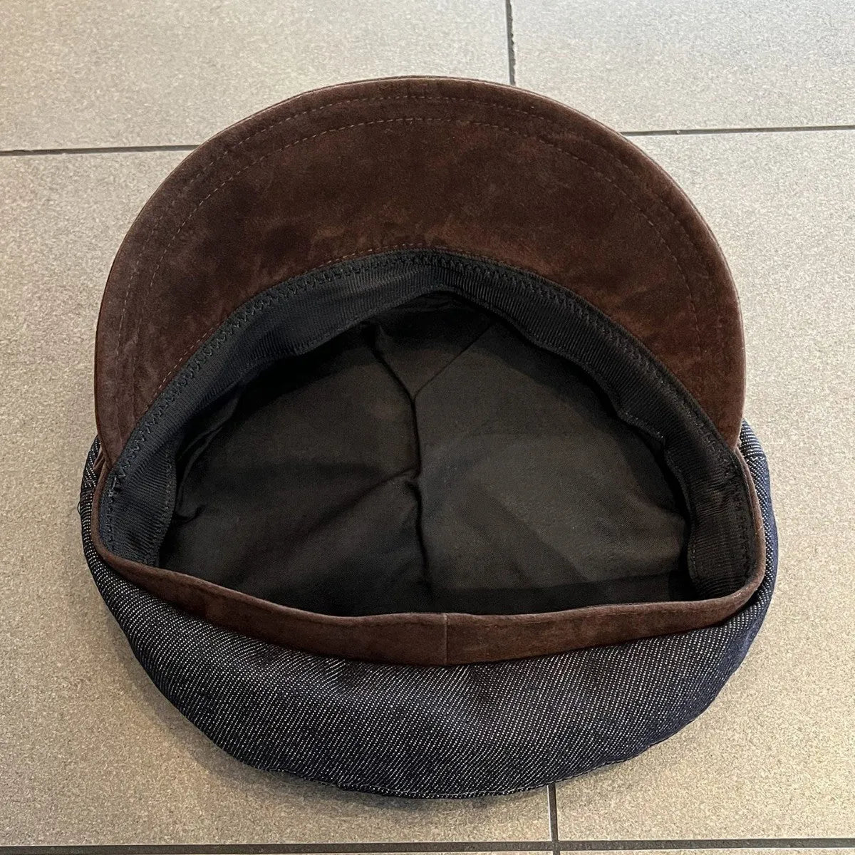 Adjustable denim octagonal newsboy hat in dark blue with coloured brim options