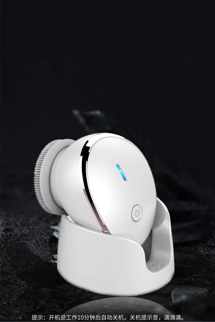 White multifunction USB charging facial cleansing massager with hot egg design, silicone brush head, and 5 vibration modes on a white background