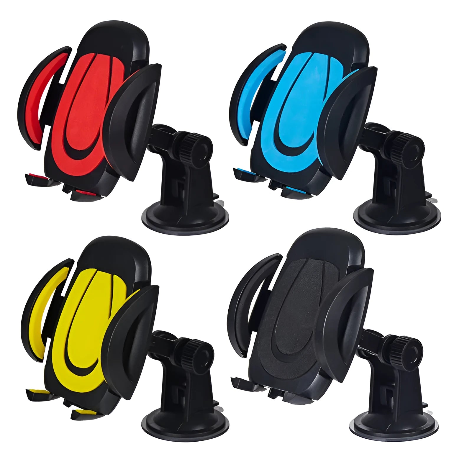 Red ABS car phone holder with U-shaped bracket and suction cup mount on a dashboard.