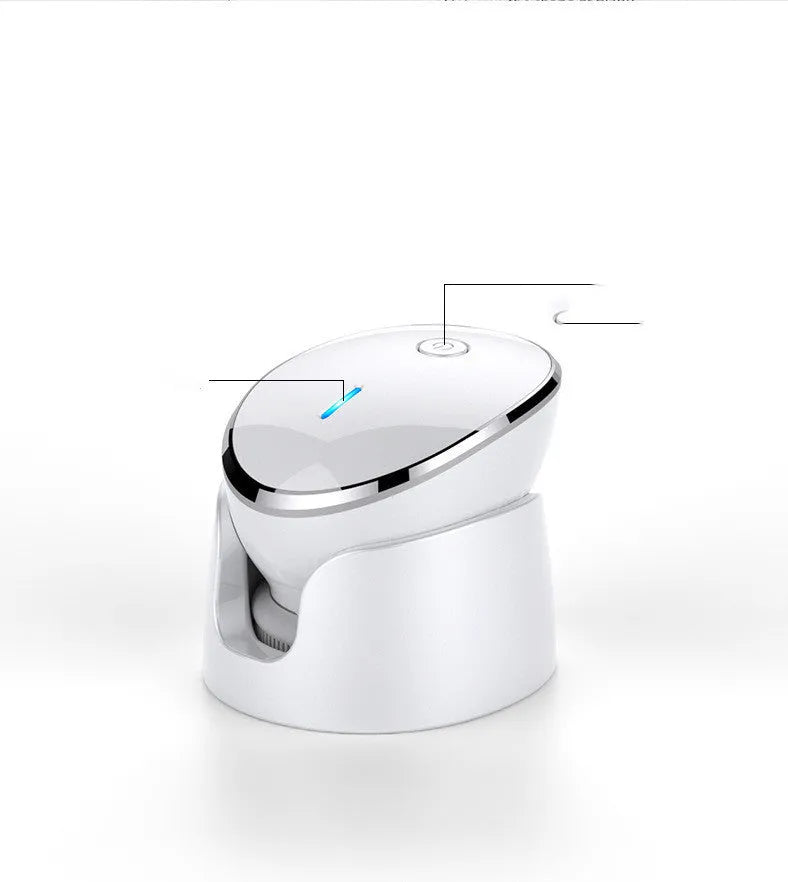 White multifunction USB charging facial cleansing massager with hot egg design, silicone brush head, and 5 vibration modes on a white background