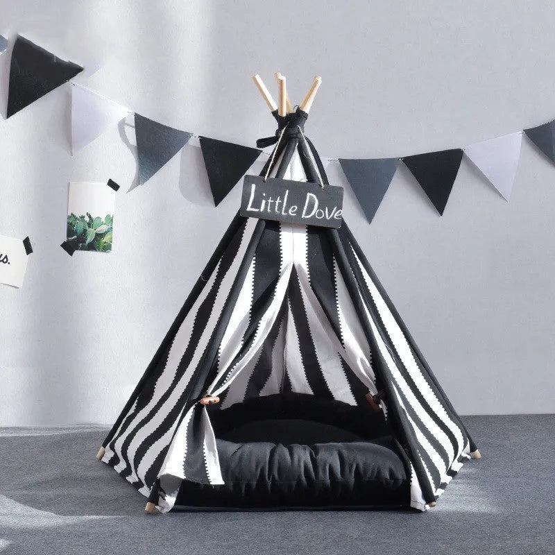 Detachable pentagonal pet tent in black and white stripes with cotton canvas cover and New Zealand pine frame
