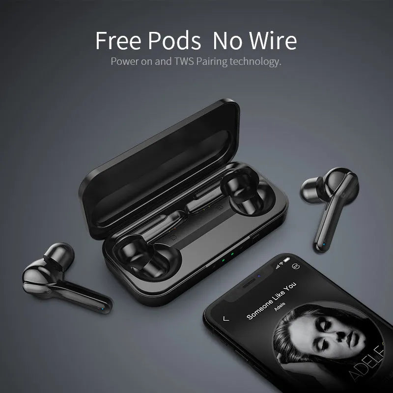 Black and white true wireless earbuds with charging case, showing discreet in-ear design for sports and daily use.