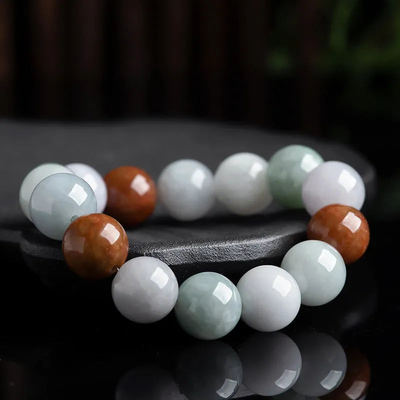 Women's bracelet with round three-colour jade beads, certificate visible.