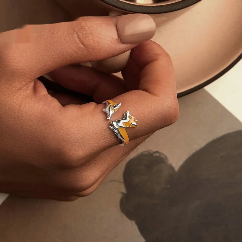 Sterling silver women's ring with a cute cartoon corgi dog design in colour SCR1014-E.