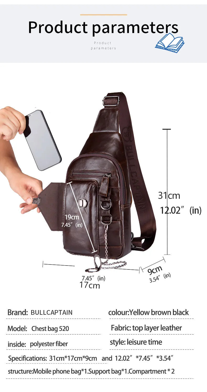 Genuine leather men's messenger bag in retro vertical square shape with magnetic buckle closure in black colour