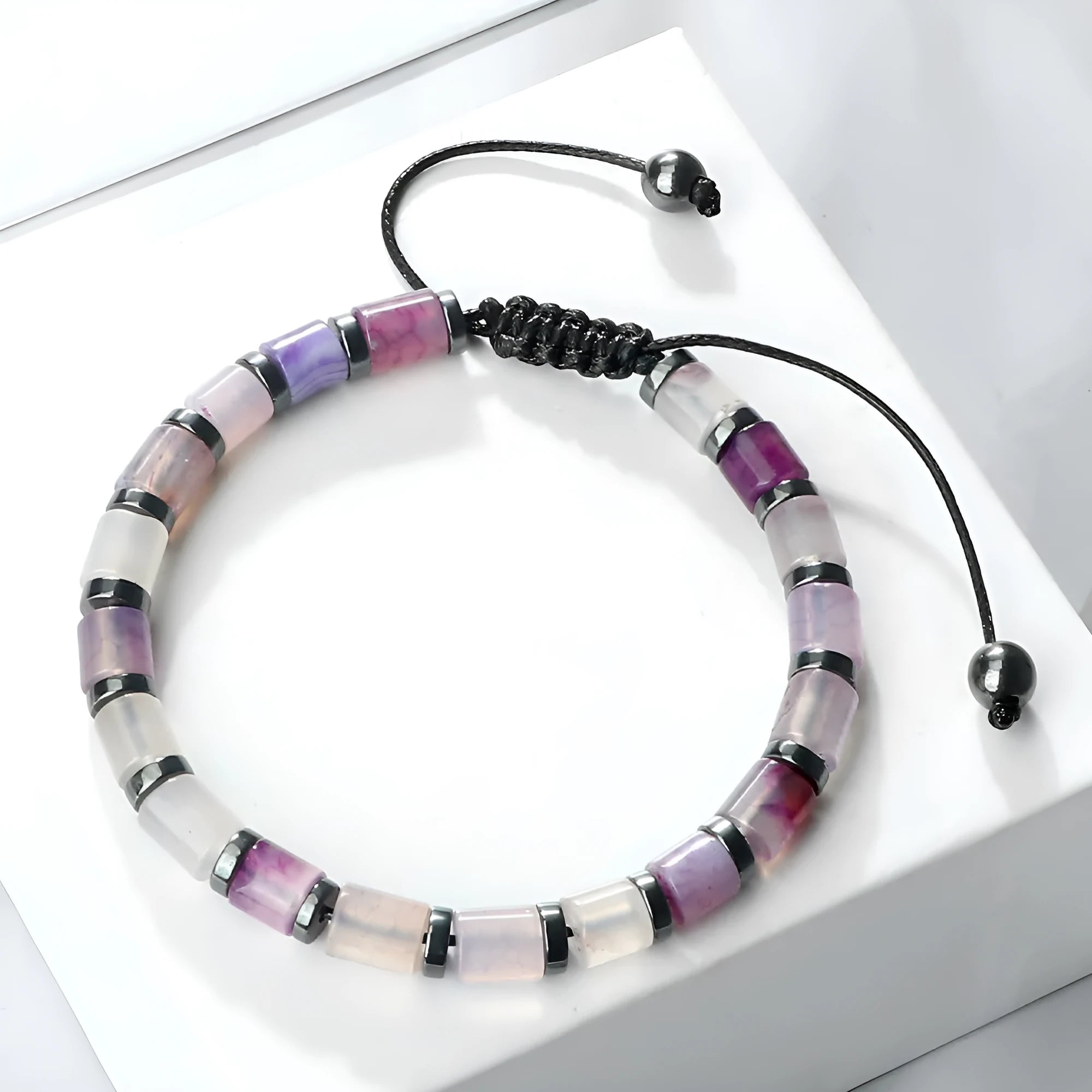 Polished agate stone bead adjustable bracelet on braided rope with multiple colour options